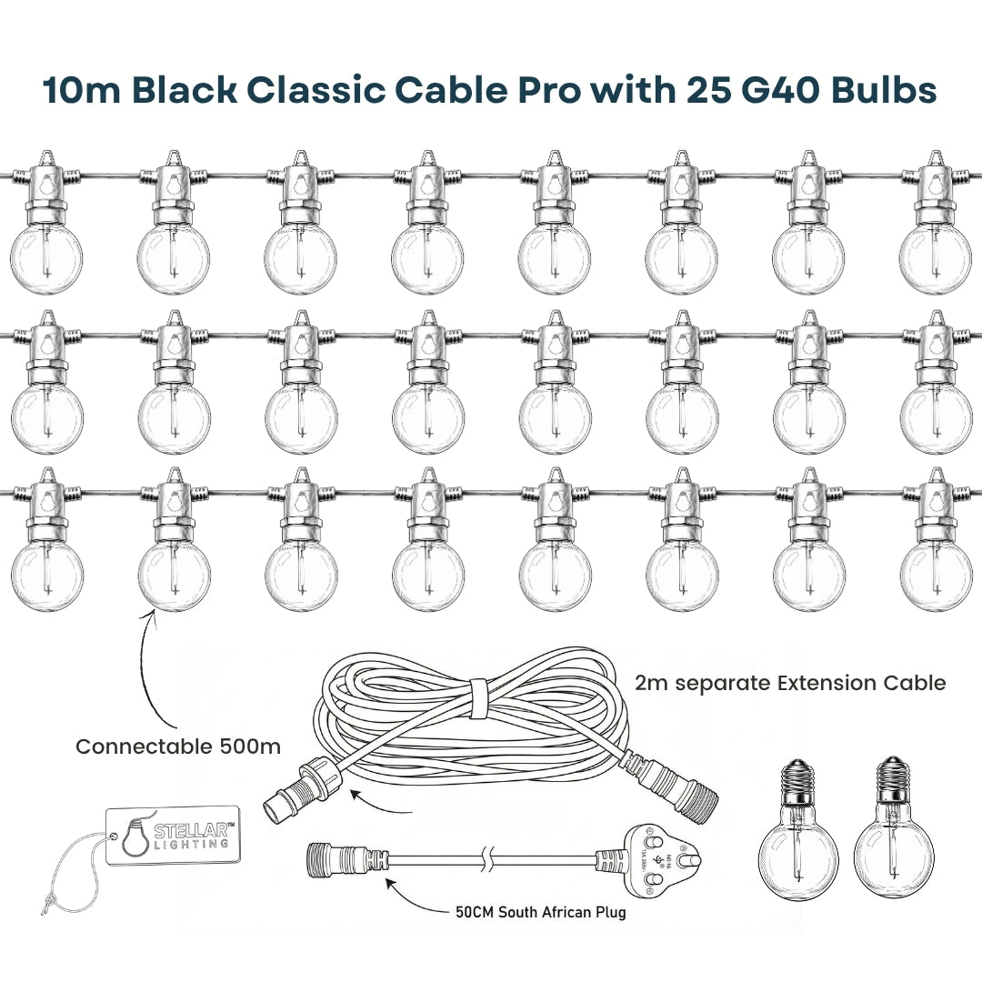 Technical line drawing of Classic String Lights Pro showing 10m black cable with 25 G40 bulbs, 2m extension cable, South African plug, connectable up to 500m callout, and 2 spare bulbs