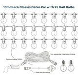 Technical line drawing of Classic String Lights Pro showing 10m black cable with 25 G40 bulbs, 2m extension cable, South African plug, connectable up to 500m callout, and 2 spare bulbs
