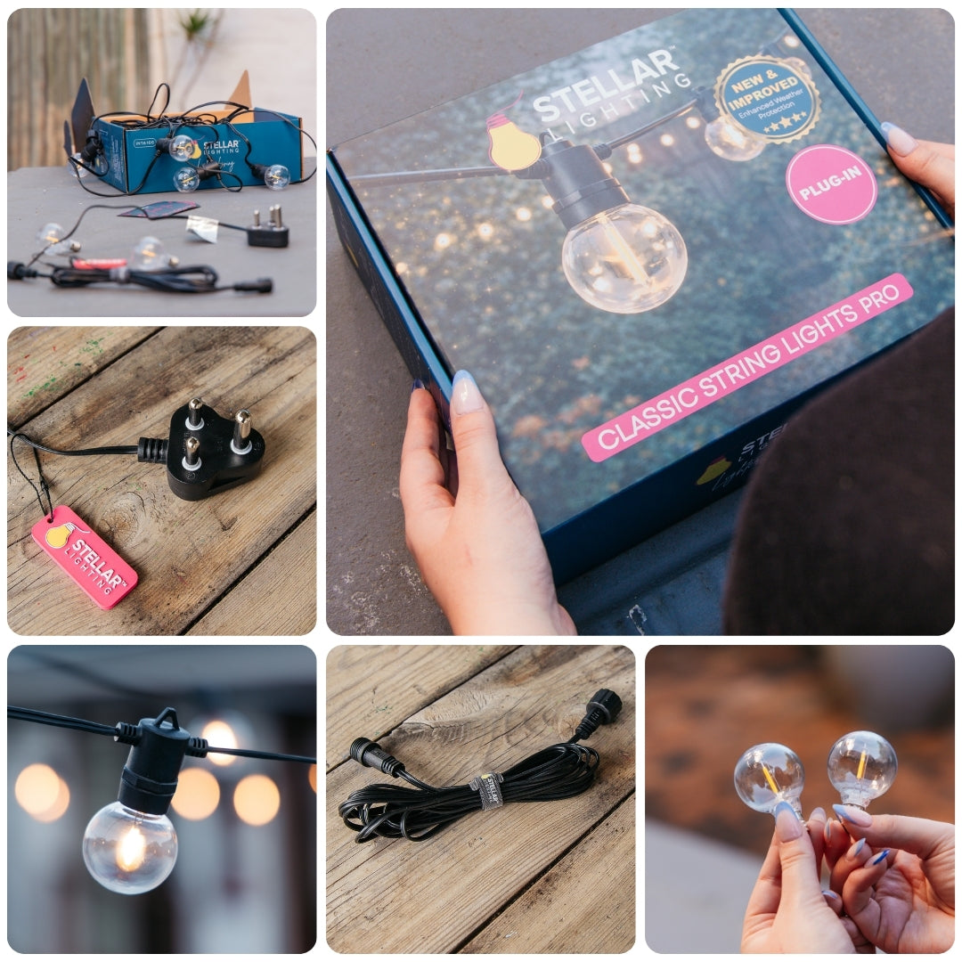 Collage showing Classic String Lights Pro packaging, South African plug, extension cable, spare G40 bulbs, and string lights laid out on a wooden surface