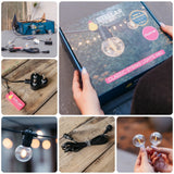 Collage showing Classic String Lights Pro packaging, South African plug, extension cable, spare G40 bulbs, and string lights laid out on a wooden surface