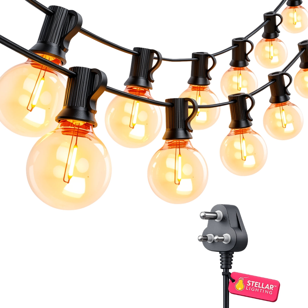 Classic String Lights flat lay showing 25 warm white G40 globe bulbs on black cable with South African 3-pin plug on a light background