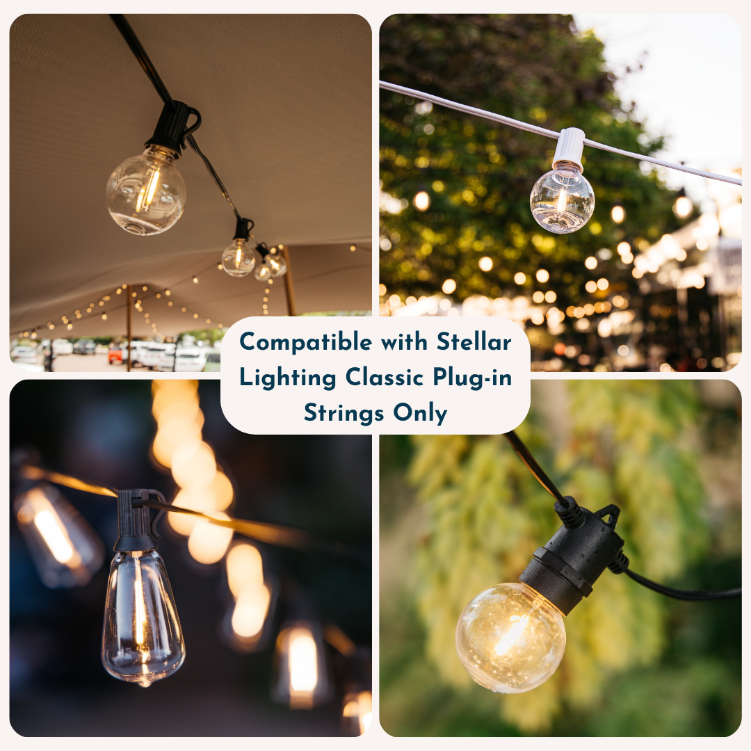 A four-panel collage showing clear globe string lights with black and white sockets in use, including a tent setting and outdoor evening scenes with blurred lights. A white label in the center reads, 'Compatible with Stellar Lighting Classic Plug-in Strings Only.