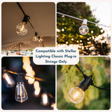A four-panel collage showing clear globe string lights with black and white sockets in use, including a tent setting and outdoor evening scenes with blurred lights. A white label in the center reads, 'Compatible with Stellar Lighting Classic Plug-in Strings Only.