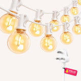Classic string lights with G40 globe bulbs on white cable with South African 3-pin plug on white background