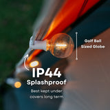 Close-up of G40 golf ball sized globe LED on white cable with IP44 splashproof rating callout, best kept under cover long term