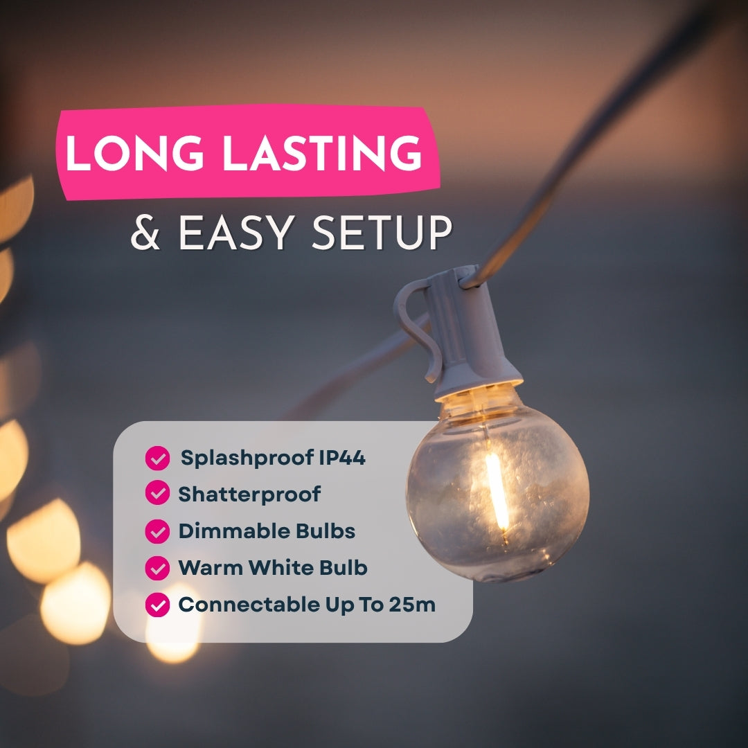 Long lasting and easy setup infographic for classic string lights showing IP44 splashproof, shatterproof, dimmable, warm white, and connectable up to 25m