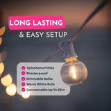 Long lasting and easy setup infographic for classic string lights showing IP44 splashproof, shatterproof, dimmable, warm white, and connectable up to 25m