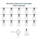 Product diagram showing 5m white cable with 16 G40 bulbs at 30cm spacing, South African 3-pin plug, and 1 spare bulb included