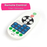 Remote control with timer and dimmable features on a white background