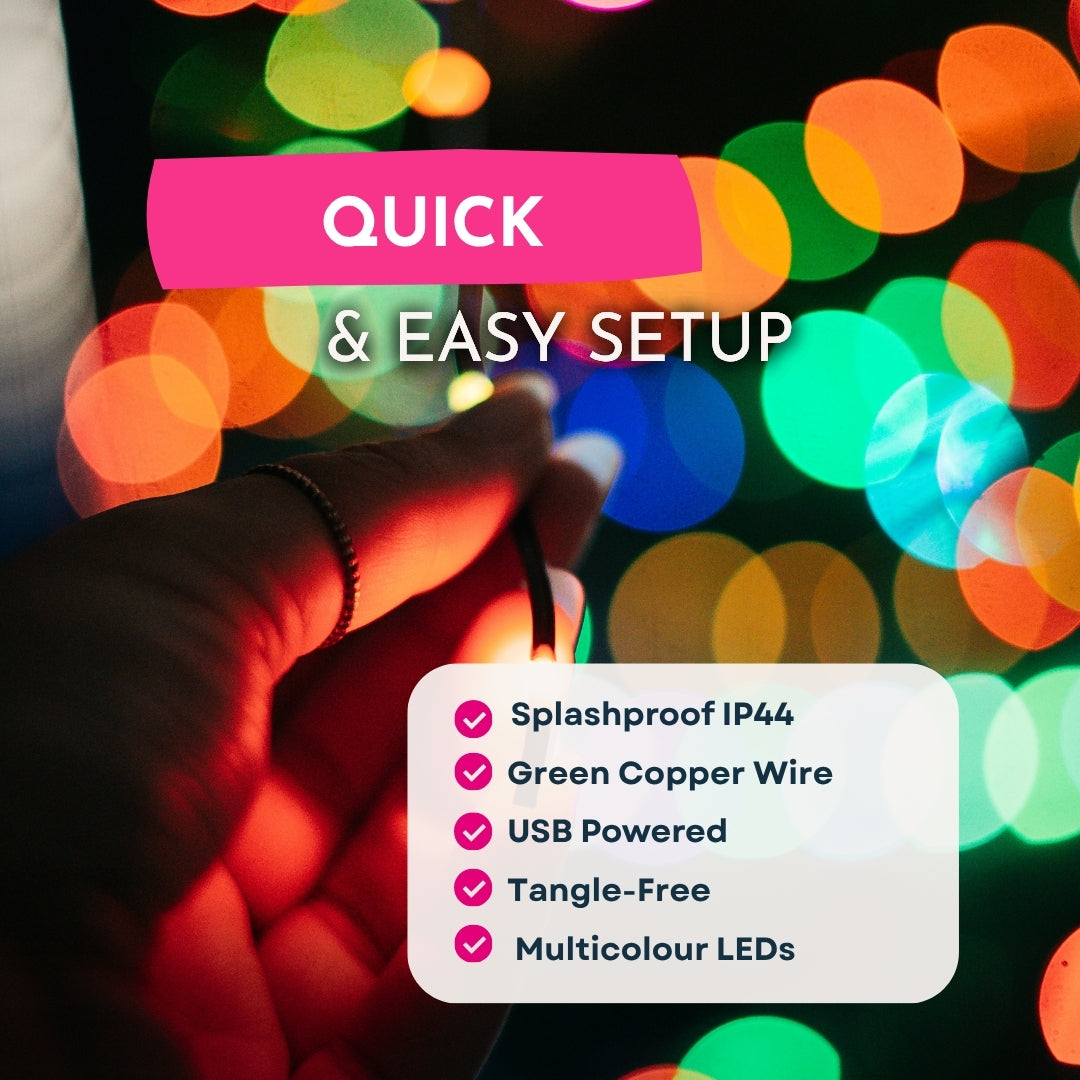 Fairy lights specifications: 200 LEDs, 10m, 8 modes, USB powered, IP44, 30,000-hour lifespan