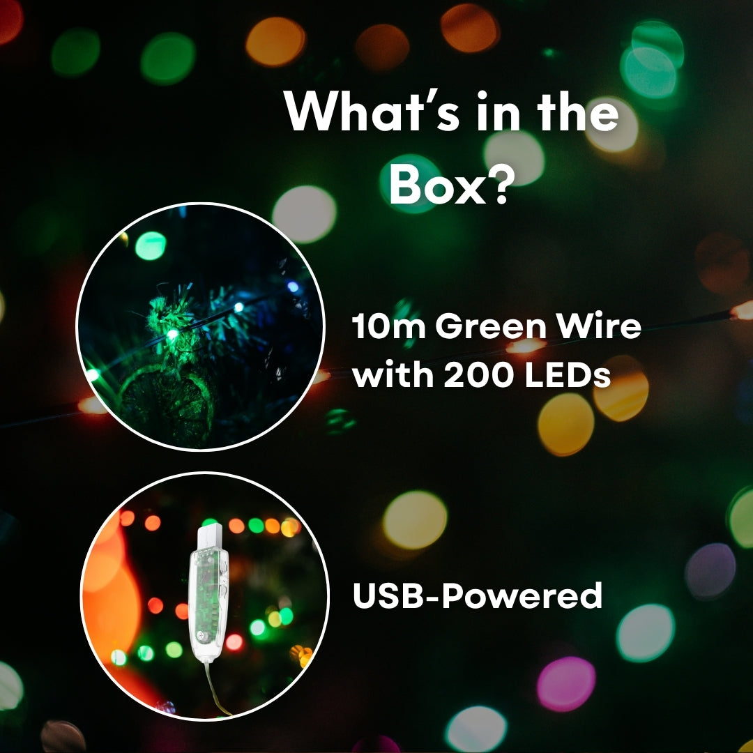 What's in the box: 10m colourful LED fairy lights, green wire, USB cable