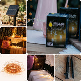 Collage of Stellar Lighting products including a solar panel, string lights, and packaging.