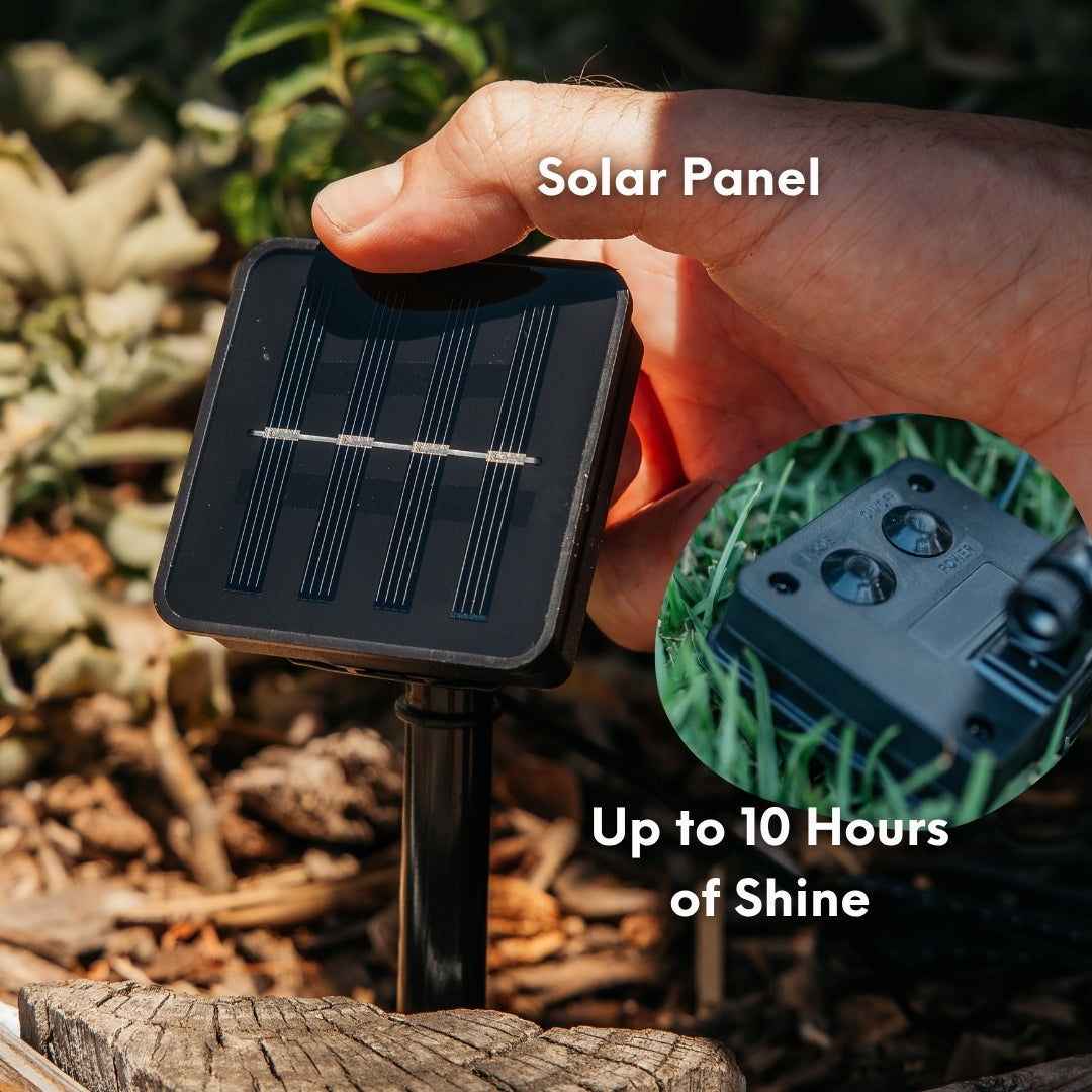 Hand holding a solar panel with text 'Solar Panel' and 'Up to 10 Hours of Shine' against a natural background.