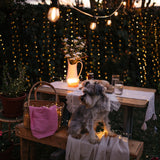 Dog sitting on a table with a decorated outdoor setting featuring copper fairy lights and a lantern.