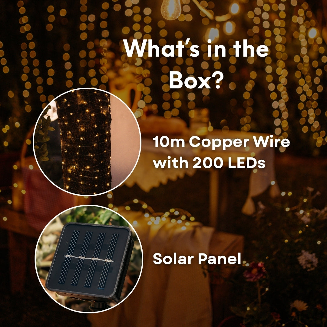 Promotional image of outdoor solar fairy lighting setup with text about contents in the box.