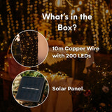 Promotional image of outdoor solar fairy lighting setup with text about contents in the box.