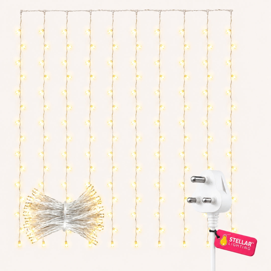 Curtain Fairy lights with plug and Stellar Lighting logo on a white background