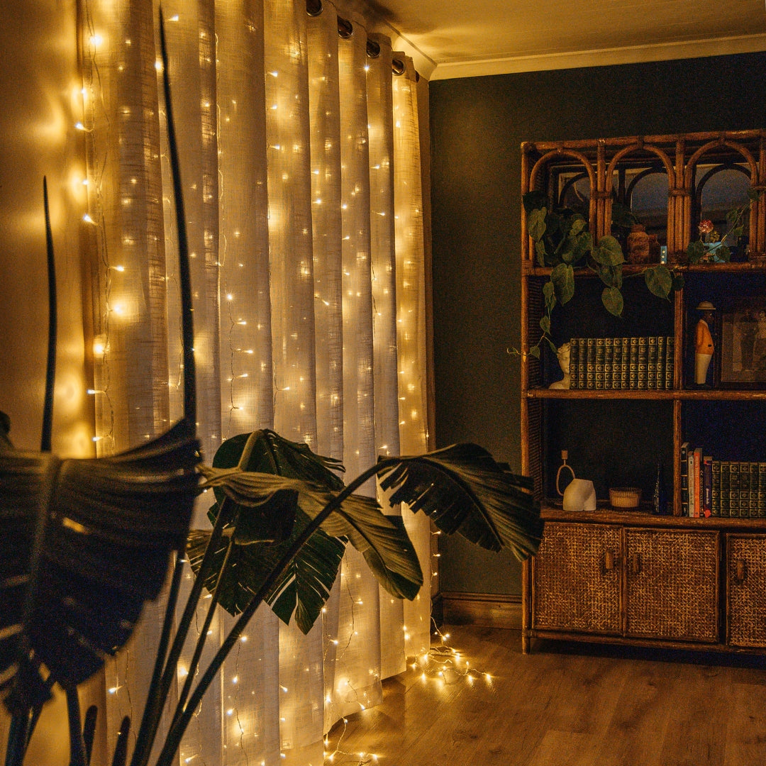 Room interior with curtain fairy lights, plants, and a bookshelf.