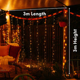 Outdoor setting with curtain fairy lights draped over a structure, labeled for length and height.