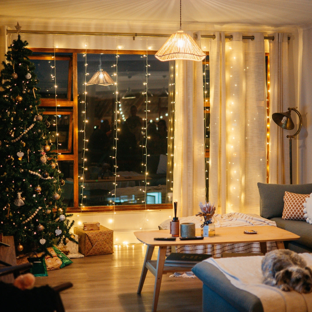 Cozy living room with Christmas tree, curtain fairy lights, and a dog on a couch.