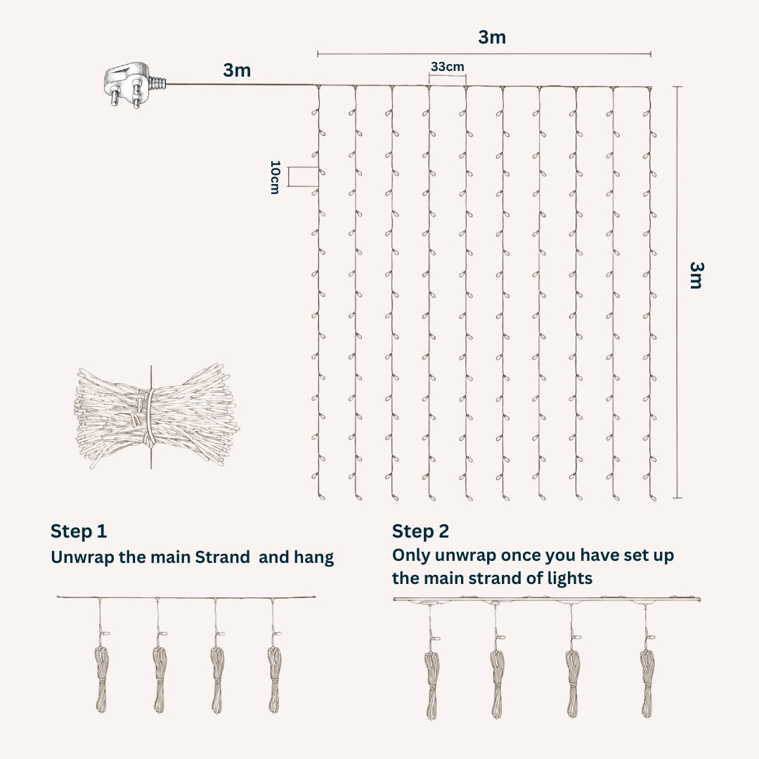 Instructions for setting up outdoor string lights with measurements and steps.
