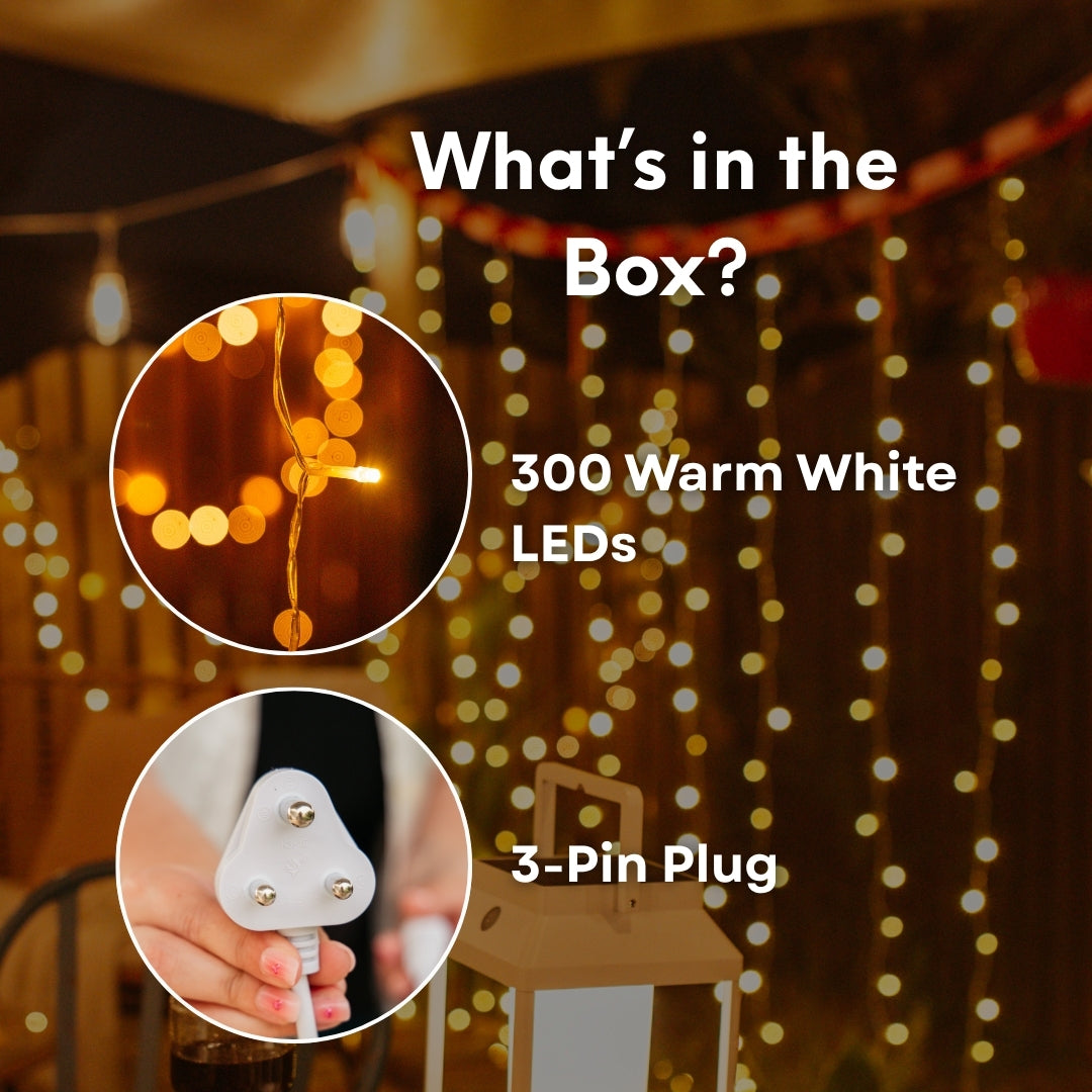 Curtain fairy lights with 300 warm white LEDs and a 3-pin plug, set against a blurred background of string lights.