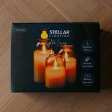 Stellar Lighting product box for domed glass flameless LED candles showing realistic flicker, remote controlled, and battery operated features