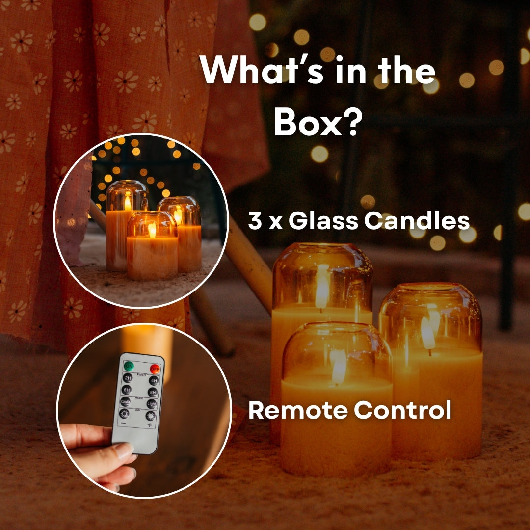 What's in the box graphic for domed glass flameless LED candles showing 3 glass candles and 1 remote control included