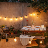 Outdoor setting with a wooden table, braai grill, and IP66 weatherproof drop string lights in a backyard.