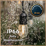 Weatherproof light bulb with raindrops and IP66 rating label