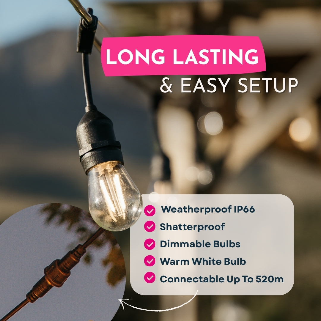 Drop String Light with warm white bulb in an outdoor setup that features a blurred natural background with a Connectable detail shown. Weatherproof IP66, shatterproof dimmable bulbs.