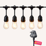 String of drop string lights with warm white bulbs and black holders and a power plug on a white background, branded 'Stellar Lighting'.