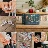 Collage of Stellar outdoor drop string lights packaging, bulbs, and connectors on a wooden surface.