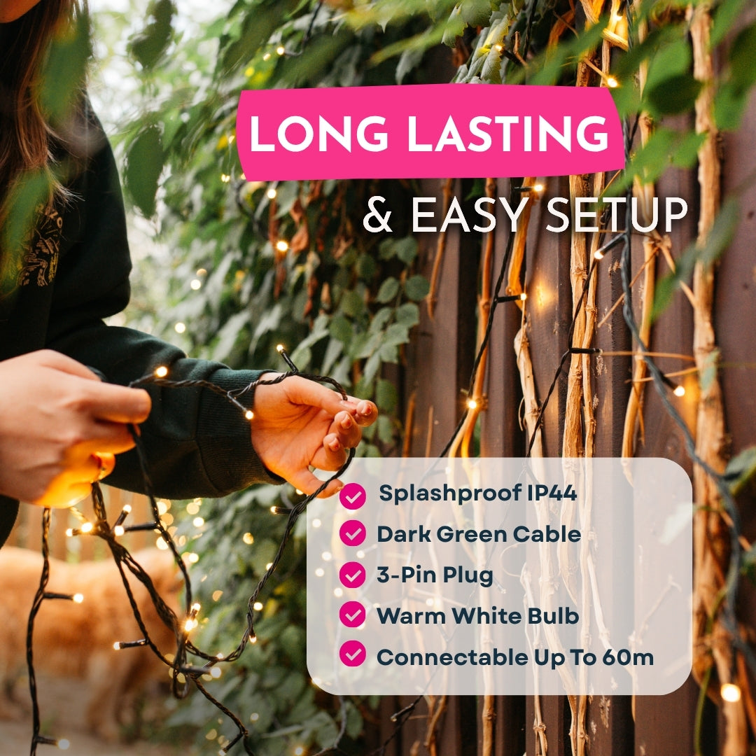 Person setting up string lights with product features highlighted