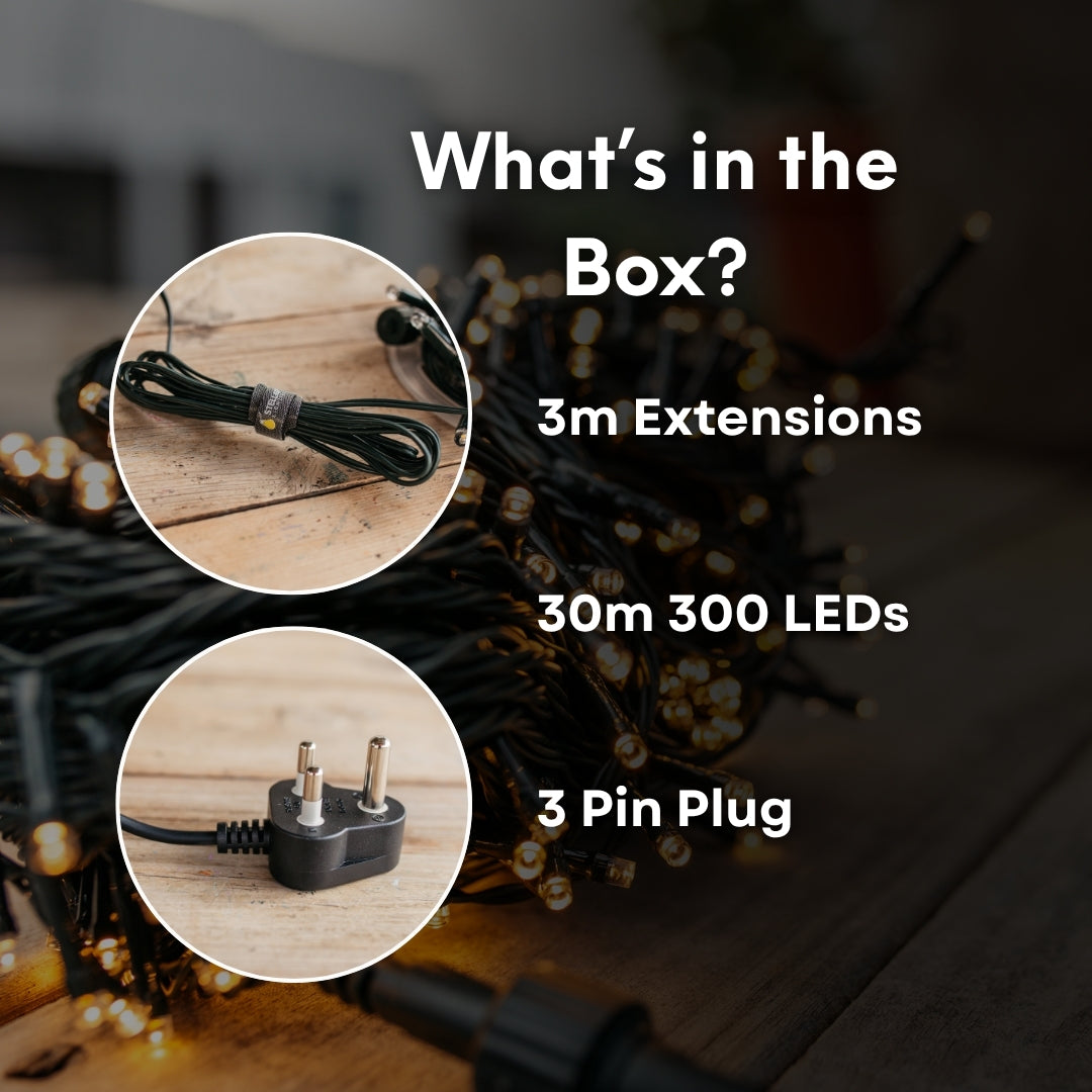 Product packaging with text 'What's in the Box?' and details about extensions, LEDs, and plug.