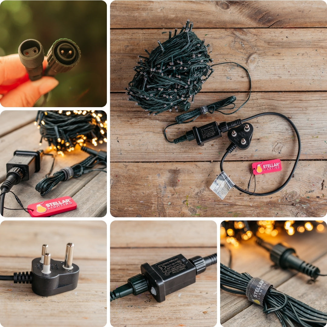 Collage of fairy lights and related components on a wooden surface with Stellar branding.