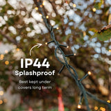 Fairy lights with IP44 splashproof label on a blurred natural background
