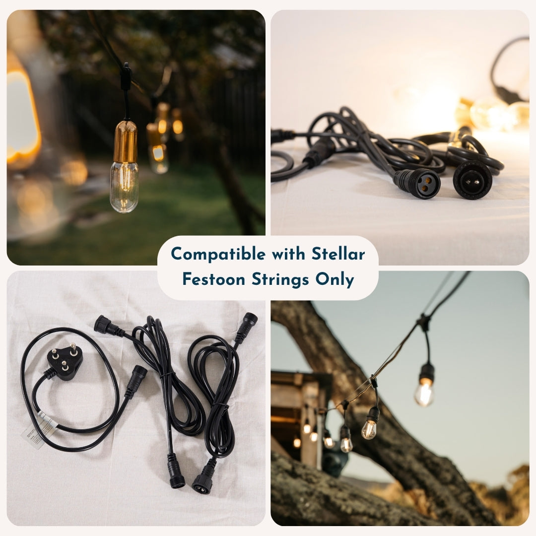 Collage of Stellar Lighting Festoon string lights showing compatibility with the Festoon 4m Heavy-Duty Extension