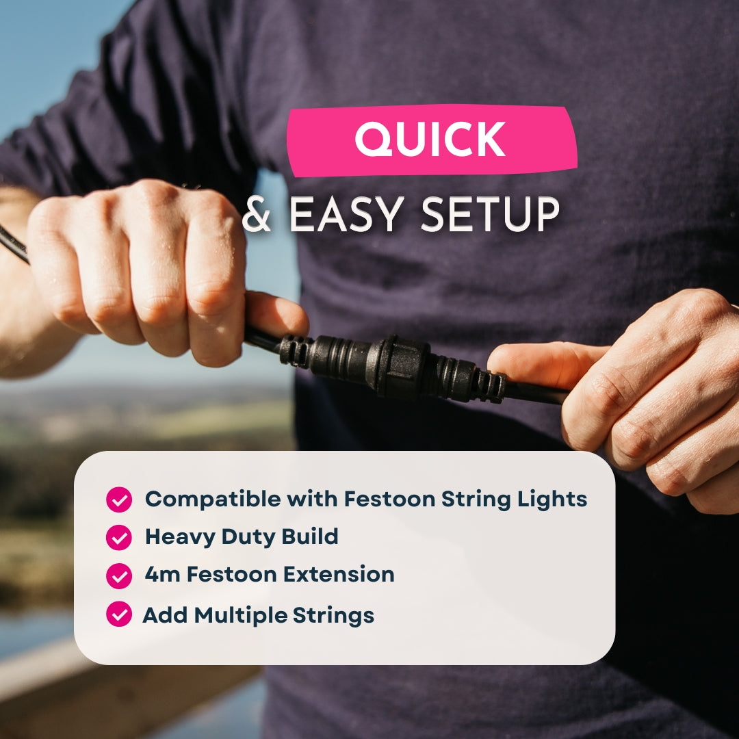 Festoon 4m Heavy-Duty Extension setup graphic listing compatibility, heavy duty build, 4m length, and multi-string connection