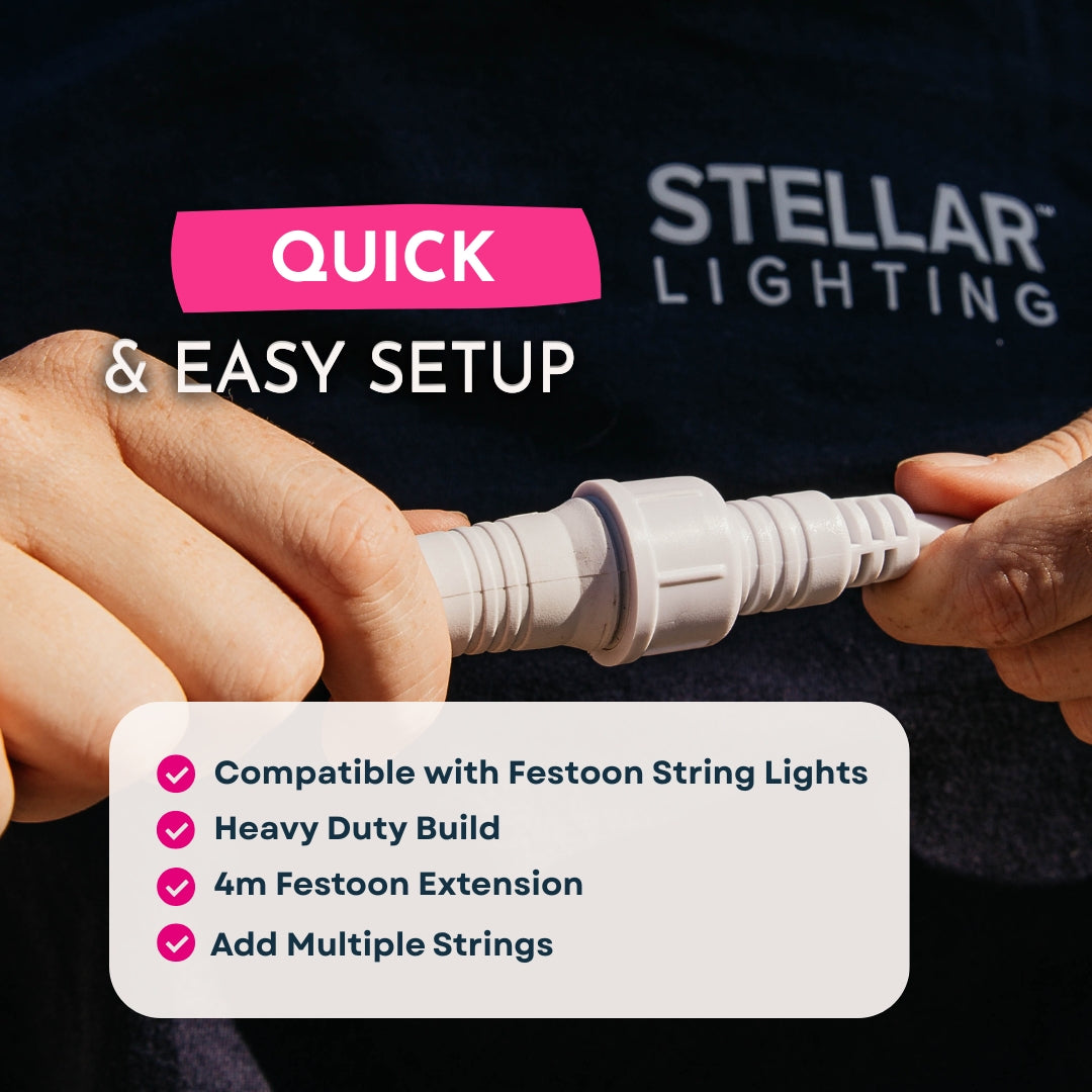 Festoon 4m Heavy-Duty Extension setup graphic listing compatibility, heavy duty build, 4m length, and multi-string connection