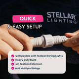 Festoon 4m Heavy-Duty Extension setup graphic listing compatibility, heavy duty build, 4m length, and multi-string connection