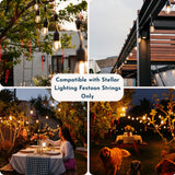 Collage of festoon string light lifestyle images showing compatibility with Stellar Lighting festoon strings only across outdoor dining and patio settings