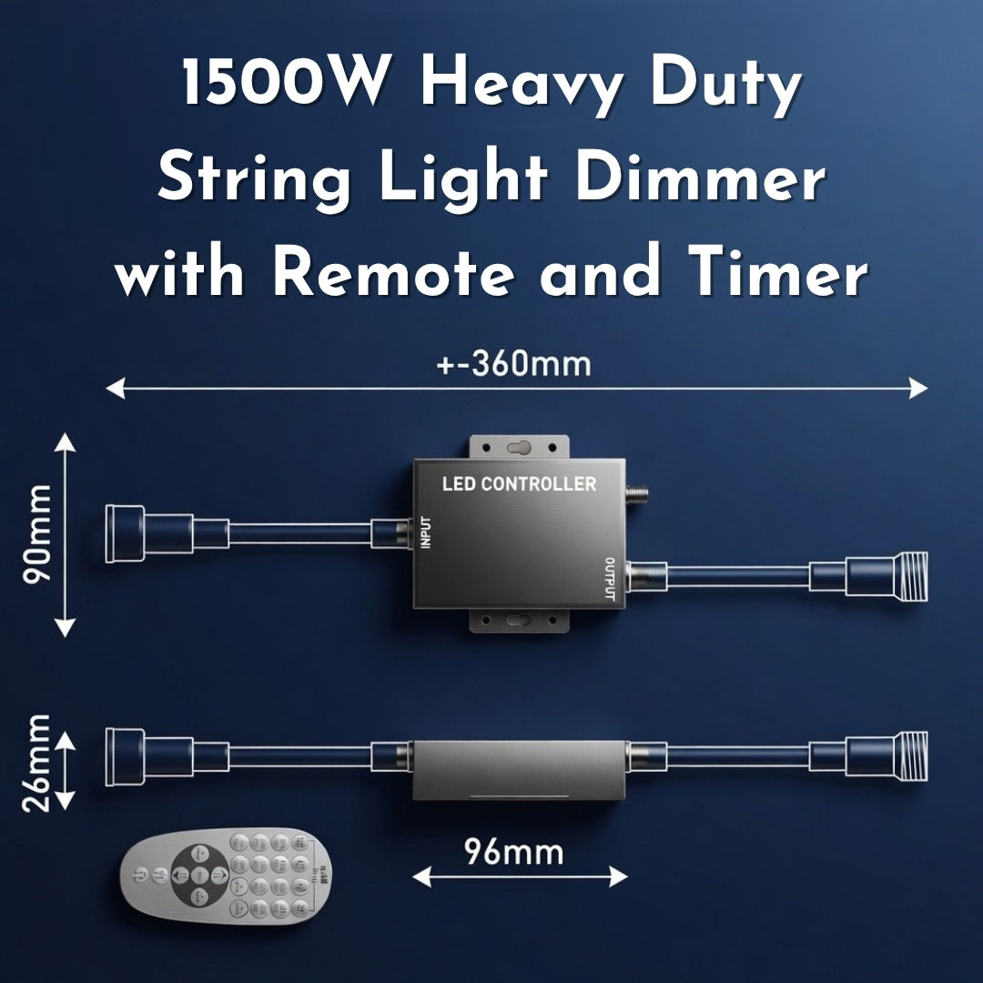 Dimensions diagram for festoon RF dimmer controller showing 360mm total length, 90mm height, 26mm depth, and 96mm unit width