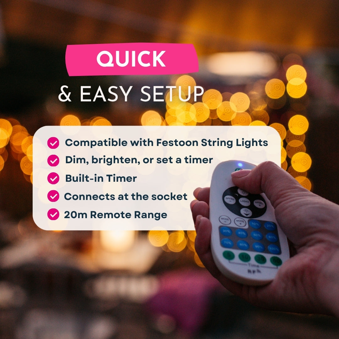 Quick and easy setup infographic for festoon RF dimmer controller showing compatibility with festoon string lights, dimming, timer, socket connection, and 20m remote range