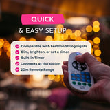 Quick and easy setup infographic for festoon RF dimmer controller showing compatibility with festoon string lights, dimming, timer, socket connection, and 20m remote range