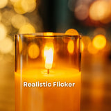 Candle in a glass holder with a blurred bokeh background labeled 'Realistic Flicker'.