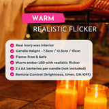 Realistic flickering candles with product features listed, real wax interior, candle heights, flame-free and safe, warm amber light, 2AA batteries needed, and remote controlled on a pink banner.