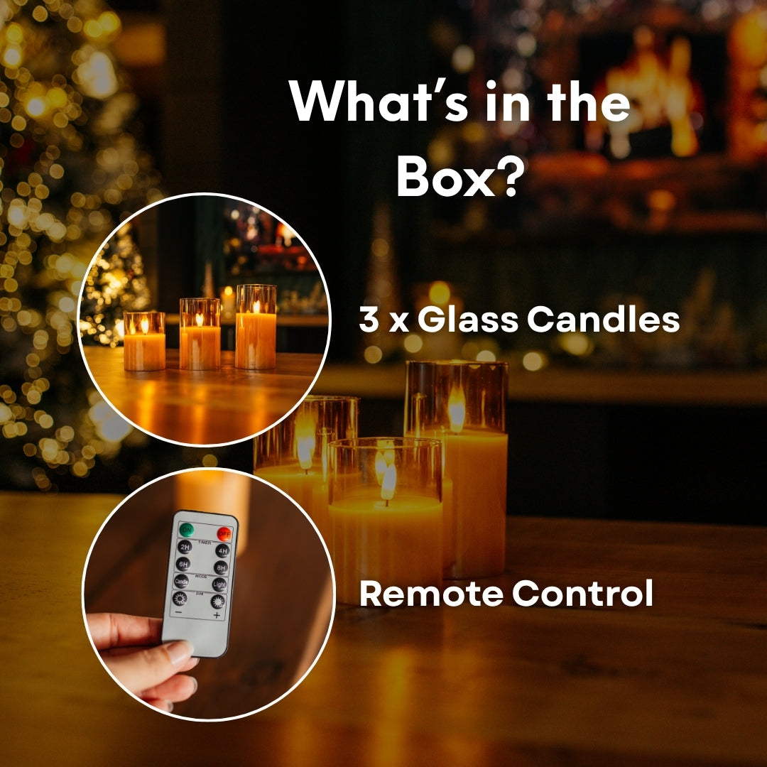 Glass Candles with a remote control, set against a blurred festive background.