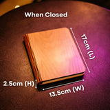 Foldable LED book light closed on a table showing dimensions of 17cm length, 13.5cm width, and 2.5cm height