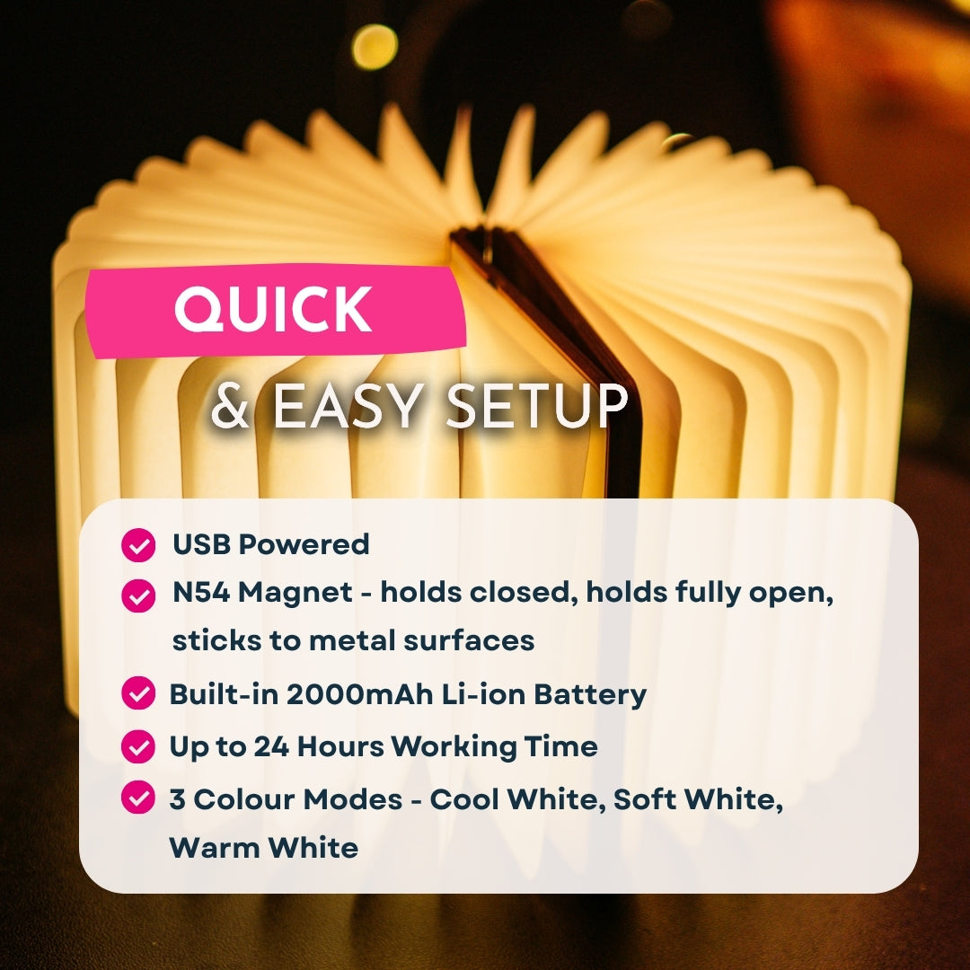 Quick and easy setup infographic for foldable LED book light showing USB power, N54 magnet, battery capacity, run time, and colour modes